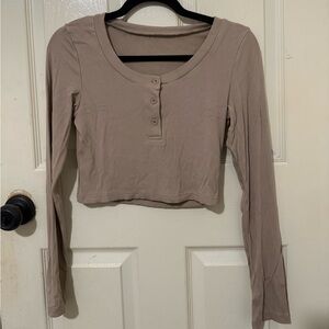 Shein Taupe Ribbed Cropped Henley Long Sleeve Top | Size M
